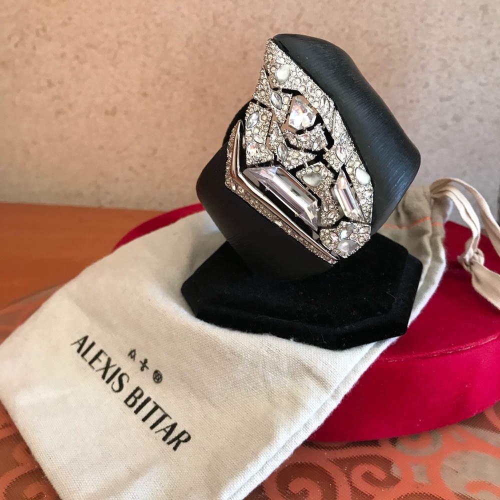 Alexis Bittar Black Lucite Hinged Bracelet with Crystals in Silver Setting.